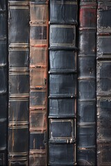 Antique Leather-Bound Books Lined Up on a Wooden Library Shelf
