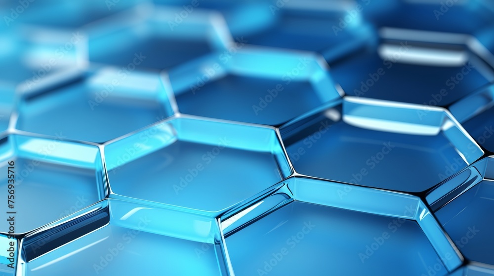 Sticker 3D rendering showcasing blue transparent hexagons, offering a visually striking abstract representation.