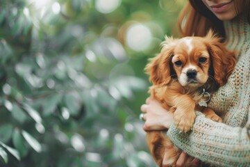 Young Girl Holding a Brown and White Puppy in a Sunlit Garden