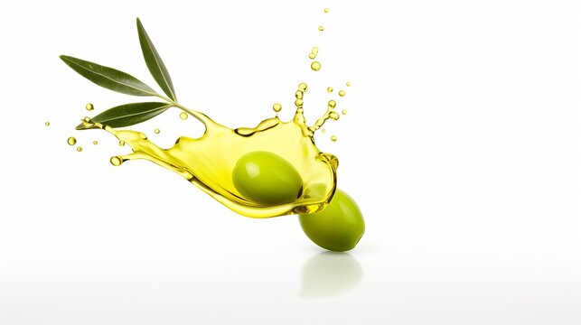 A single drop of olive oil descending from a green olive, depicted in isolation on a white background.