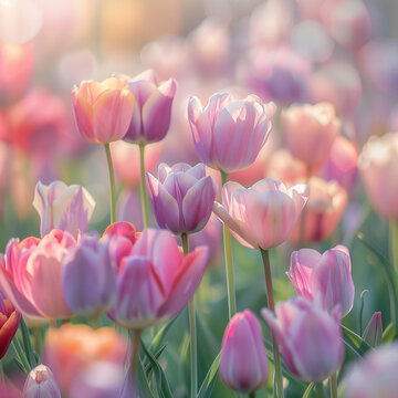 Spring in a breathtaking photo featuring pastel-colored tulips, creating a vibrant scene 