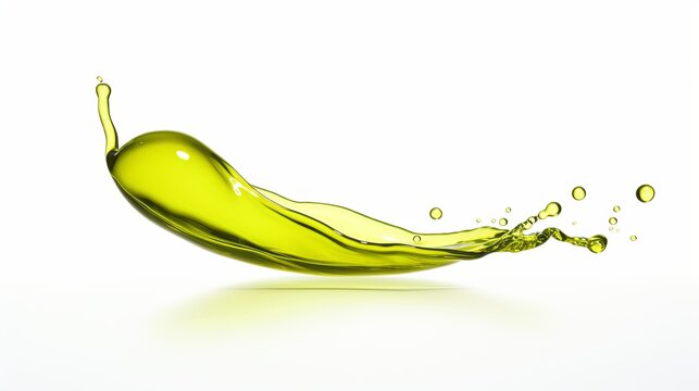 A single drop of olive oil descending from a green olive, depicted in isolation on a white background.