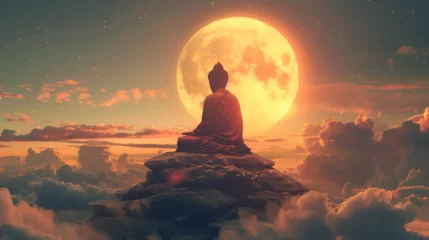 Deurstickers The big buddha at the top of the hill in front of Sun, A statue of Buddha sits atop a mountain, overlooking the landscape below, ai generated © HayyanGFX