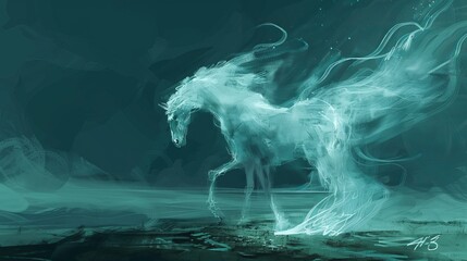 A digital painting featuring the outline of a defiant transparent horse in the lower center. The horse is made of coiled tendrils of white smoke. - obrazy, fototapety, plakaty
