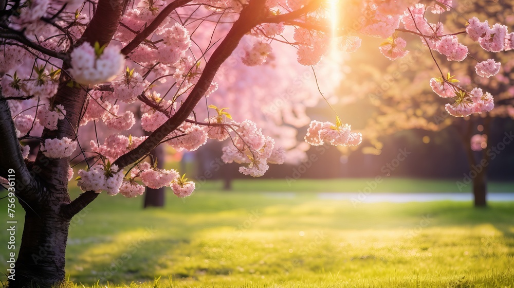 Poster Abundantly blooming cherry tree garden on a lush lawn, with sunlight filtering through the branches.