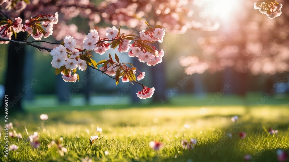 Wall mural Abundantly blooming cherry tree garden on a lush lawn, with sunlight filtering through the branches.