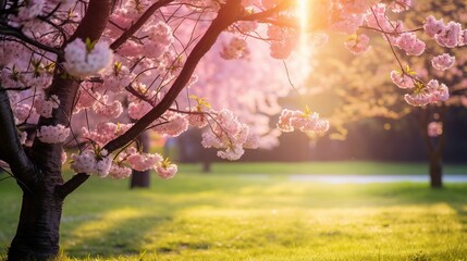Abundantly blooming cherry tree garden on a lush lawn, with sunlight filtering through the branches.