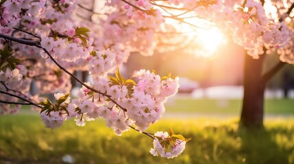 Abundantly blooming cherry tree garden on a lush lawn, with sunlight filtering through the branches.