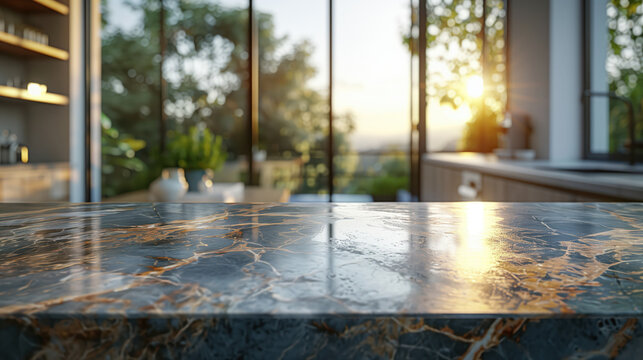 Marble table in front of an empty room and window