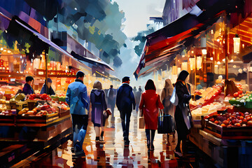 colorful painting of people walking in a traditional market. impasto, modern, palette knife, impressionist