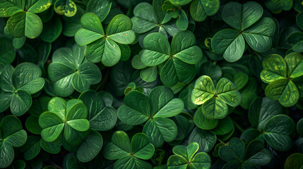 Green leaves background, Shamrock four leaf clover background for St Patrick's day celebration,...