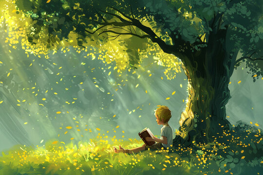 little boy sitting under a green tree and reading book