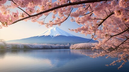 Cherry blossoms or Sakura alongside Mount Fuji, captured by a river in the morning.
