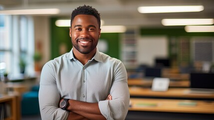 Confident African American male teacher captured in a classroom setting. - obrazy, fototapety, plakaty