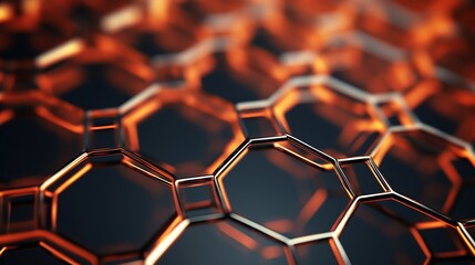 Detailed 3D rendering of nanotechnology's hexagonal geometric form, highlighting the atomic and molecular structure of graphene.