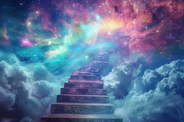 Stairs to galaxy abstract background. Generative ai. - 756937542