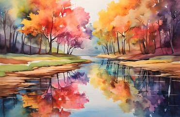 panoramic watercolor painting in autumn on the river