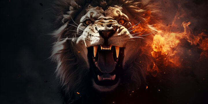 an image of a lion a King of the Jungle roaring with anger with red eyes dark background