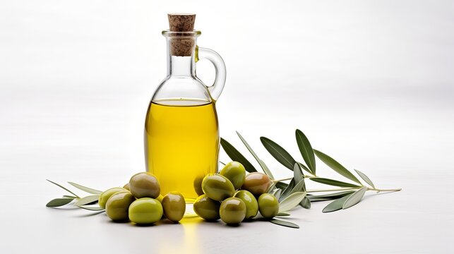 Delicious olive oil contained within a glass bottle, paired with green olives and leaves, presented in isolation against a white background.