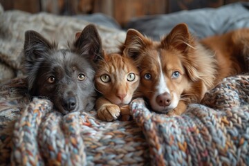 Three dogs and a cat resting on a blanket on a bed