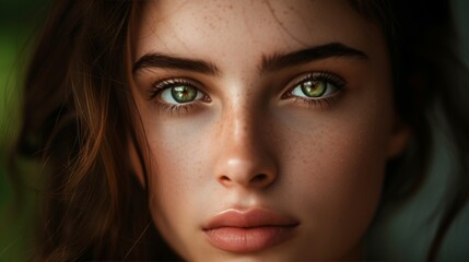 Fototapeta premium Close up of beautiful young woman. Arrows, glowing dark skin, wet lip gloss. Beauty and sensuality, portrait, face, fashion, woman, female, skin, makeup, young, model, style