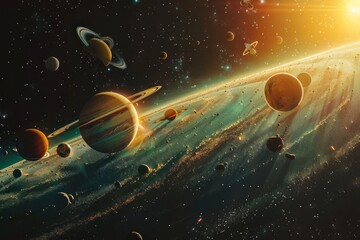 an artist s impression of the solar system with the sun shining through the planets