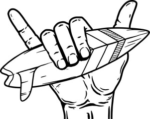 Shaka hand sign. Surfers hand with surfing board. Vector illustration - 756937913