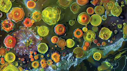Colorful composite of diverse freshwater algae species in bloom, showcasing vibrant Volvox, Euglena, and Cyanobacteria with dynamic interactions. - obrazy, fototapety, plakaty