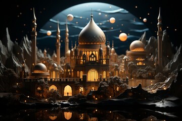 Modern Background Ramadan Mubarak With Mosque An evening mosque with a crescent moon