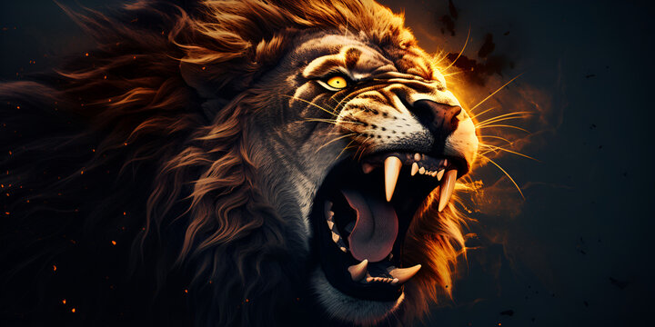 an image of a lion face roaring with his two tall teeth and yellow shade eyes dark background