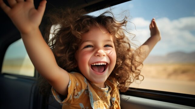 Happy children stretches her arms while sticking out car window. Lifestyle, travel, tourism, nature..family, travel, children, trip, journey, transportation