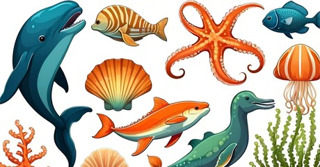 sea animals sticker on white background Generated AI