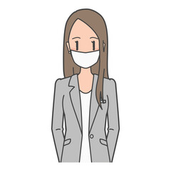 グレーのスーツ、セミフォーマルな服装で、マスクを着用しているビジネスウーマン・オフィスで働く女性のイラスト