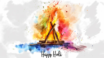 Happy Holi!Happy holika dahan!happy new year!Lag BaOmer，Bonfire and colorful smoke, watercolor painting - obrazy, fototapety, plakaty