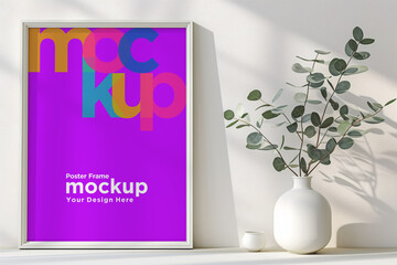 Poster Frame Mockup with Vases on the Shelf
Poster Frame Mockup with Vases and Decorative Items on the Shelf
Poster Frame Mockup with books and candles on the shelf
