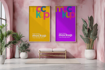 Poster Frame Mockup with a vases on the table
Poster A plant on the shelf under a frame Mockup
Poster Vases next to frames Mockup on a white wall

