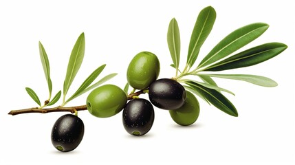 Isolated olive branch featuring leaves and fruit against a white backdrop.
