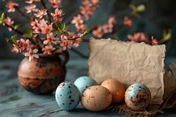 Obraz premium Easter card concept. eggs and flowers with empty space for your text on blue background. Springtime, religious and seasonal style.