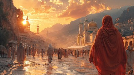 A pilgrim makes a religious journey to Mecca for rituals and prayers - obrazy, fototapety, plakaty