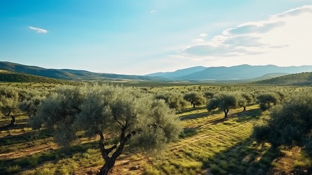 Olive trees laden with olives, depicting a landscape ripe for harvesting to produce extra virgin olive oil.