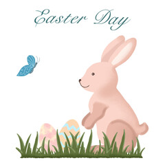 Holiday Easter background with color Easter Bunny and eggs on grass. Lettering, Digital illustration, hand drawn. Greeting card or poster.