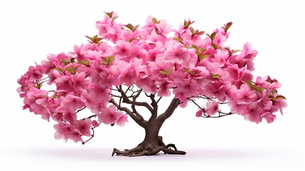 Pink sakura tree in full bloom, isolated against a white background.
