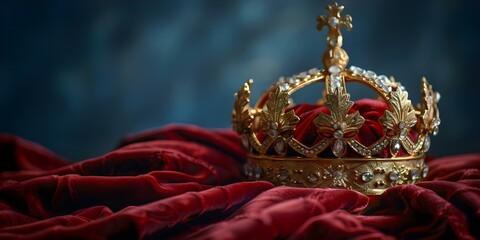 Symbol of royal authority and honor: a golden crown resting on a velvet pillow. Concept Royal Authority, Golden Crown, Honor, Velvet Pillow, Symbol - obrazy, fototapety, plakaty