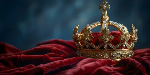 Fotobehang Symbol of royal authority and honor: a golden crown resting on a velvet pillow. Concept Royal Authority, Golden Crown, Honor, Velvet Pillow, Symbol © Ян Заболотний