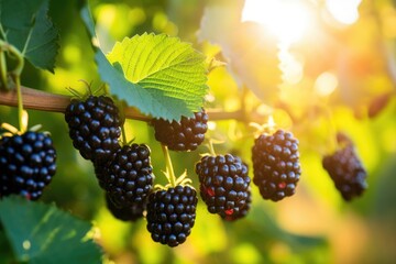 Delicious blackberries on a green branch in the garden at sunset A branch with natural blackberries against a blurred background, Blackberries falling in the air with Blackberry leaves, Ai generated - Powered by Adobe