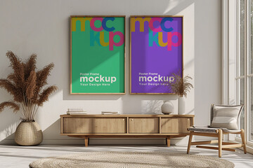 Two Poster Frame Mockup with Vases on the Shelf
Poster Frame Mockup with Vases and Decorative Items on the Shelf
