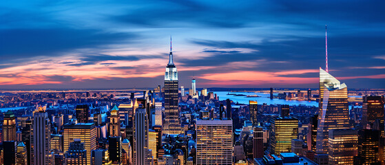 big skyline panorama of New York City after sunset 