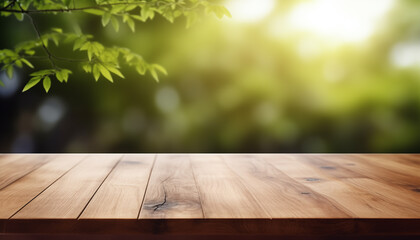 Naklejka na ściany i meble Wood table in wooden park outdoors background blurred