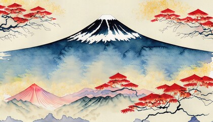 Traditional Japanese style watercolor of mount fuji is suitable