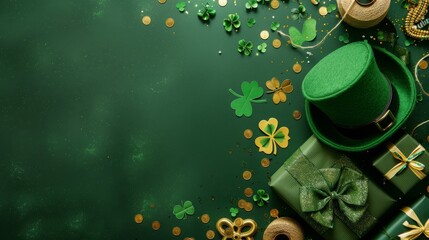Top view of St. Patrick's Day essentials, including a green top hat, shamrocks, and gold coins on a green background.